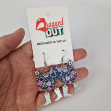 Load image into Gallery viewer, Blue Floral Chicken Cowboy Acrylic Earrings