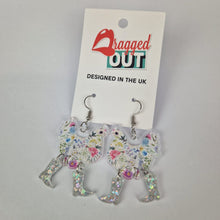 Load image into Gallery viewer, White Floral Chicken Cowboy Acrylic Earrings