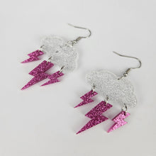 Load image into Gallery viewer, Pink Glitter Lightning Bolts And Starry Cloud Acrylic Earrings