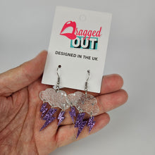 Load image into Gallery viewer, Purple Glitter Lightning Bolts and Starry Cloud Acrylic Earrings