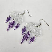 Load image into Gallery viewer, Purple Glitter Lightning Bolts and Starry Cloud Acrylic Earrings