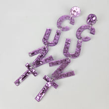 Load image into Gallery viewer, Drop Cunt Acrylic Earrings In Purple Glitter