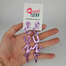 Load image into Gallery viewer, Drop Cunt Acrylic Earrings In Purple Glitter