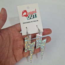 Load image into Gallery viewer, Lightning Bolt Silver Iridescent Glitter Acrylic Earrings