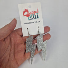 Load image into Gallery viewer, Lightning Bolt Silver Glitter Acrylic Earrings