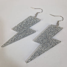 Load image into Gallery viewer, Lightning Bolt Silver Glitter Acrylic Earrings