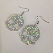 Load image into Gallery viewer, Skull Acrylic Silver Iridescent Glitter Earrings