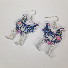 Load image into Gallery viewer, Blue Floral Chicken Cowboy Acrylic Earrings
