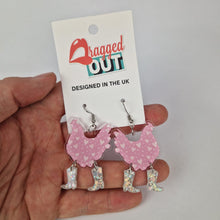 Load image into Gallery viewer, Pink Love Hearts Chicken Cowboy Acrylic Earrings
