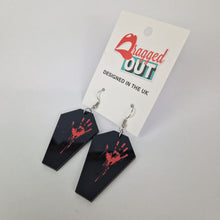 Load image into Gallery viewer, Bloody Hand Coffin Acrylic Earrings
