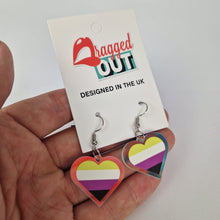 Load image into Gallery viewer, Nonbinary Pride Small Heart Acrylic Earrings
