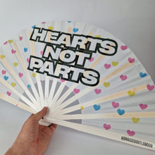 Load image into Gallery viewer, Hearts Not Parts Pansexual Clack Fan
