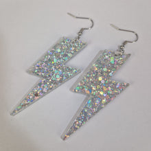 Load image into Gallery viewer, Lightning Bolt Silver Iridescent Glitter Acrylic Earrings
